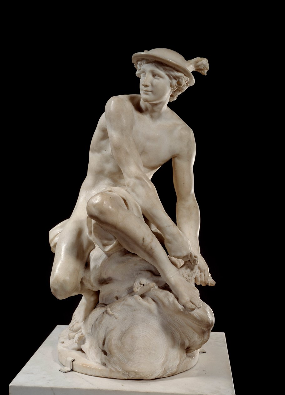 Merkury dołączający swoje skrzydlate sandały Marmurowa rzeźba Jeana Baptiste Pigalle (1714-1785) 1744 Paryż, Luwr - Mercury Dołączający swoje skrzydlate sandały Jean-Baptiste Pigalle autorstwa Jean Baptiste Pigalle