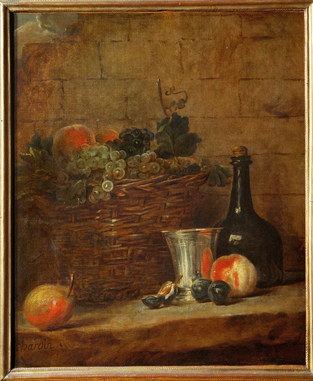 Kosz owoców z winogronami, srebrny puchar i butelka, brzoskwinie ... autorstwa Jean Baptiste Simeon Chardin