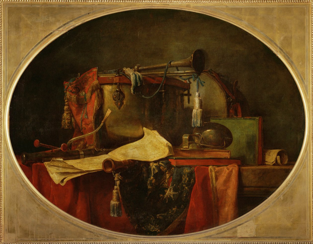 Les attributs de la music guerriere - Atrybuty muzyki wojennej, supraporta dla Chateau de Bellevue1767 ... autorstwa Jean-Baptiste Simeon Chardin