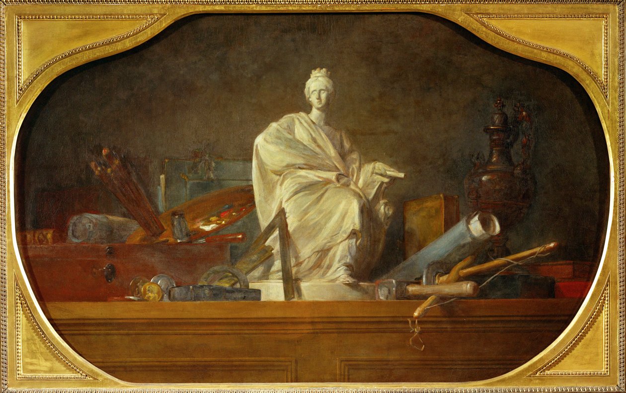 Les attributs des arts - atrybuty sztuki, utwór towarzyszący 40-12-16/29, jeden z trzech dodatków do Chateau de Choisy ... autorstwa Jean Baptiste Simeon Chardin