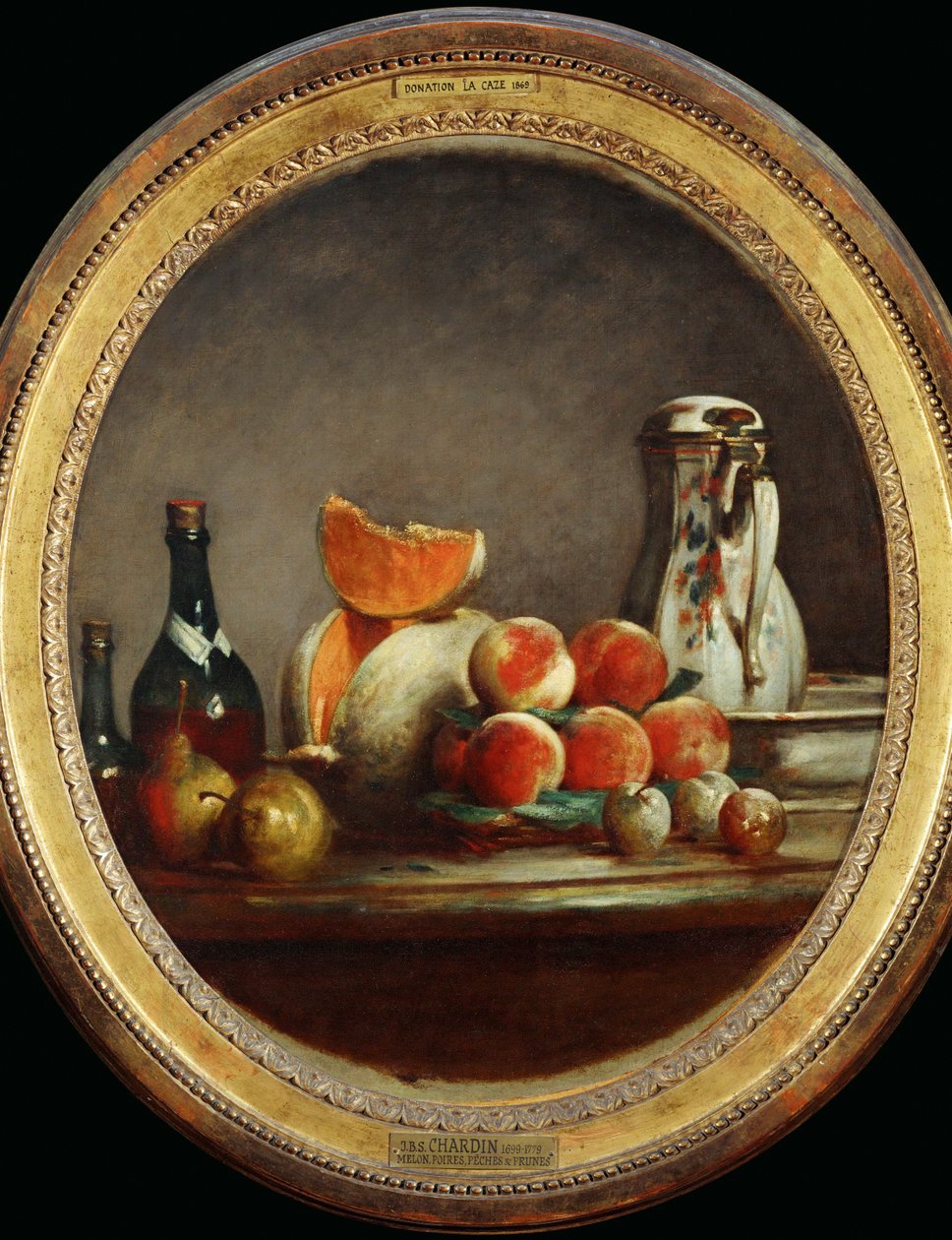 Melon, poires, peches et prunes - Melon, gruszki, brzoskwinie i śliwki - Atelier de Chardin, replika obrazu z prywatnej kolekcji ... autorstwa Jean Baptiste Simeon Chardin