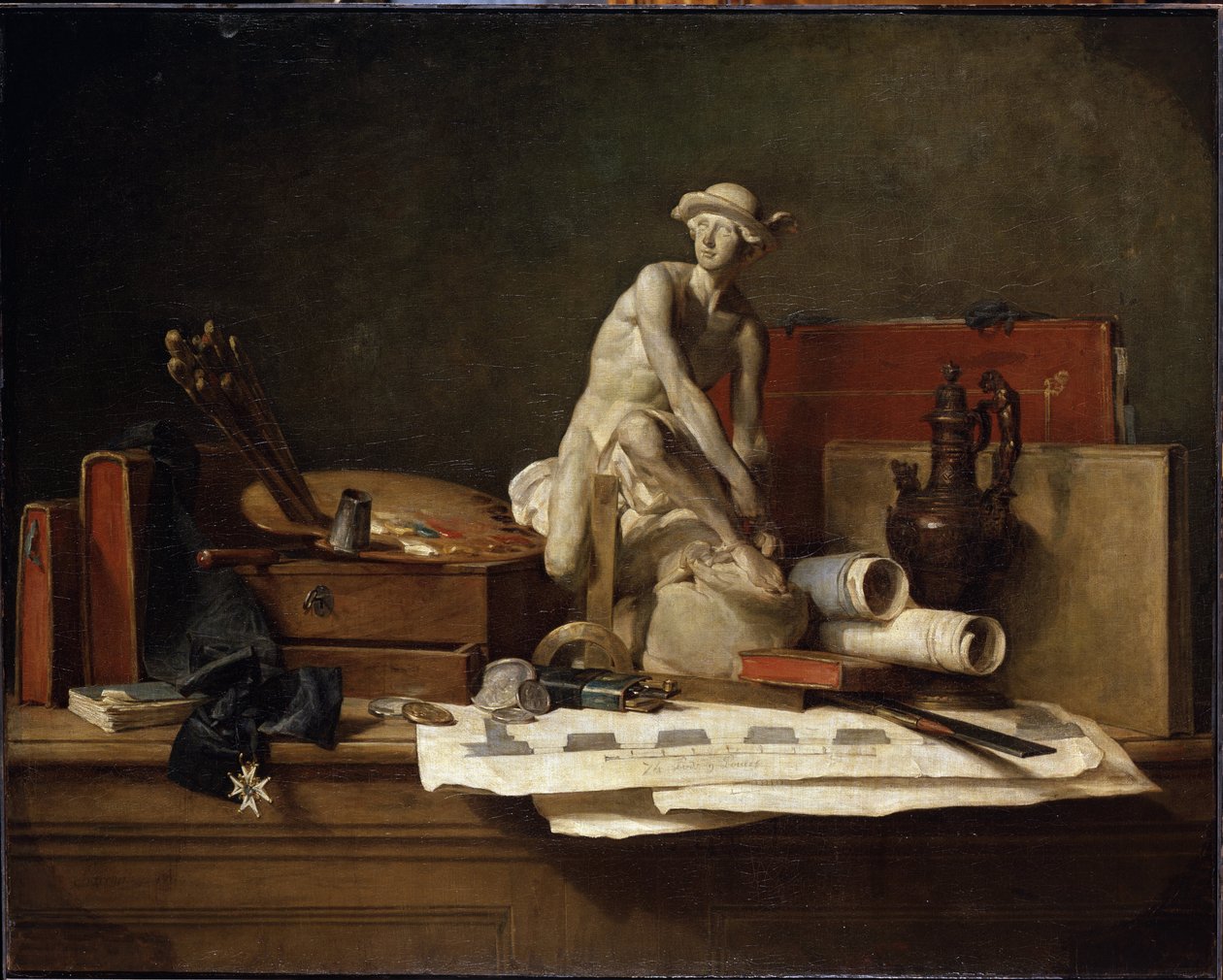 „Martwa natura z atrybutami sztuki” (Martwa natura z atrybutami sztuki) Rzeźba Merkury zwieńczona petasusem, paleta malarska, książki. Obraz Jean Baptiste Simeon Chardin (1699-1779) Wymiary 112x140,5 cm Ermitaż, Saint Petersbo autorstwa Jean Baptiste Simeon Chardin