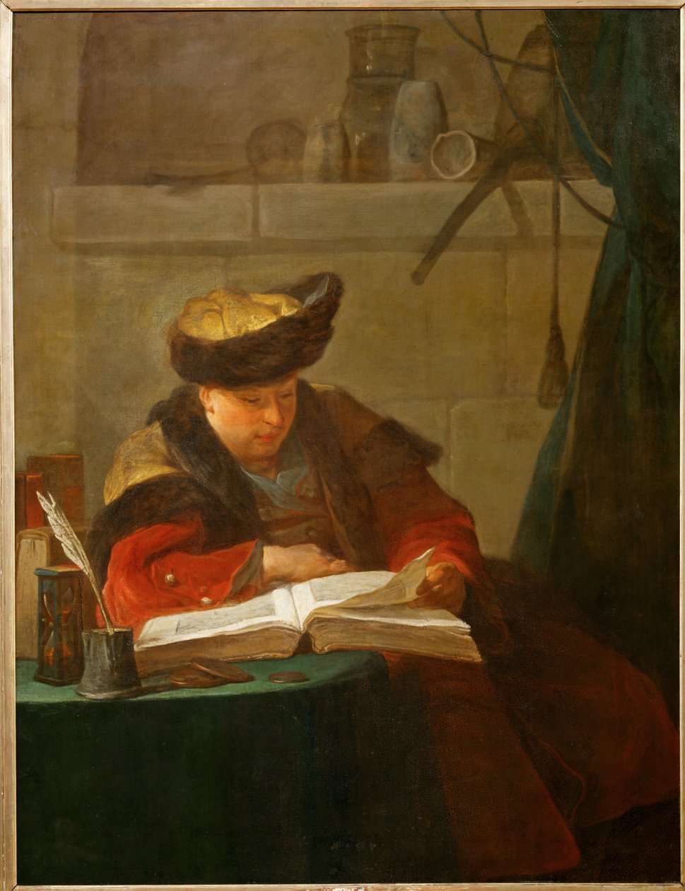 Un chimiste dans son laboratoire, dit aussi un philosophe occupee de sa lecture - chemik w swoim laboratorium ... autorstwa Jean Baptiste Simeon Chardin