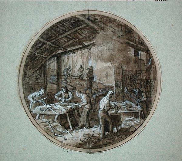 Warsztat Chodaków, projekt talerza dla usługi przedstawiającej różne zawody, ok. 1820-35 (pióro i tusz oraz pranie i gwasz na papierze) autorstwa Jean Charles Develly