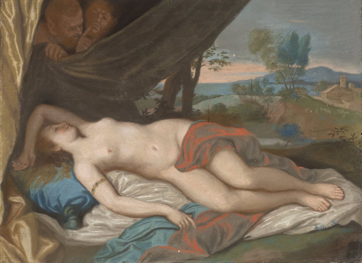Śpiąca nimfa szpiegowana przez Satyrs, 1756-88 (pastel na panelu) autorstwa Jean Étienne Liotard