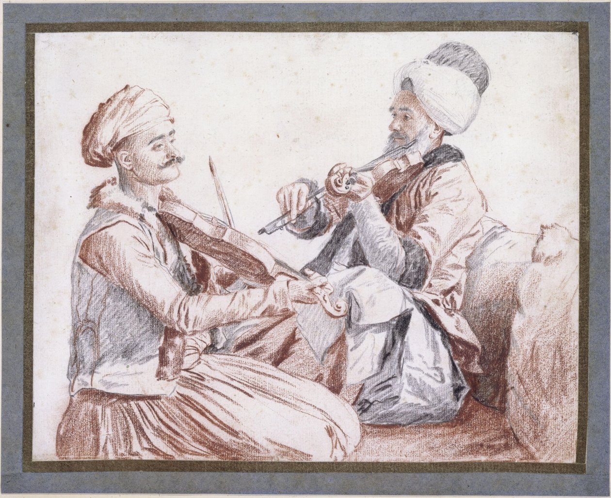 Dwaj tureccy muzycy ze skrzypcami autorstwa Jean-Étienne Liotard