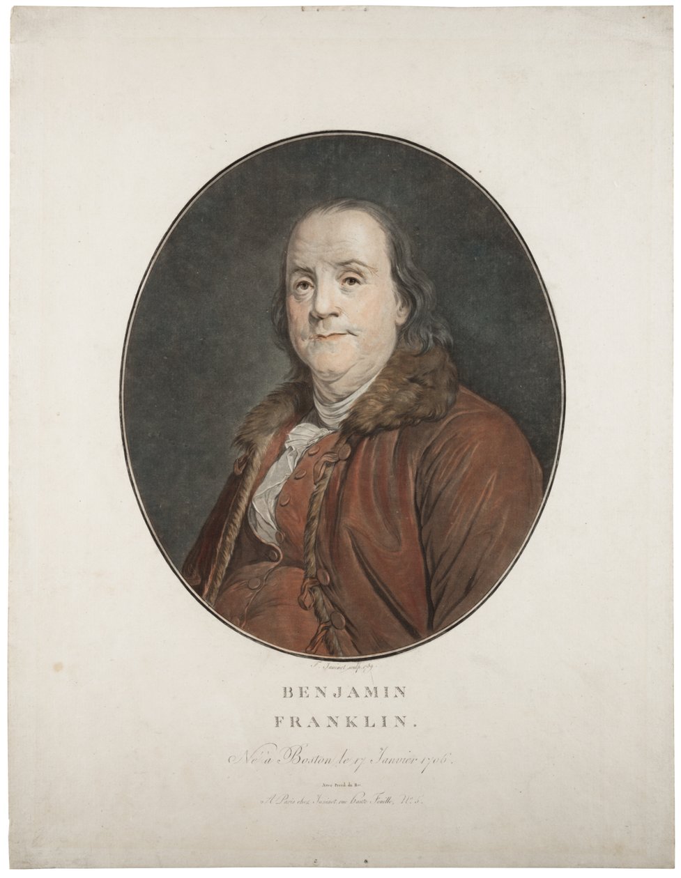 Benjamin Franklin, ok.1789 (ręcznie barwiona mezzotinta) autorstwa Jean Francois Janinet