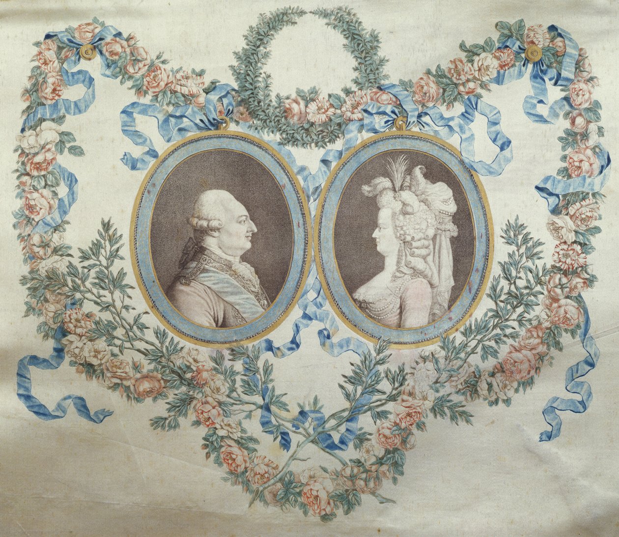 Okładka Bonbonniere przedstawiająca Ludwika XVI (1754-93) i Marię Antoninę (1752-93), ok. 1785 (drukowany jedwab) autorstwa Jean Francois Janinet