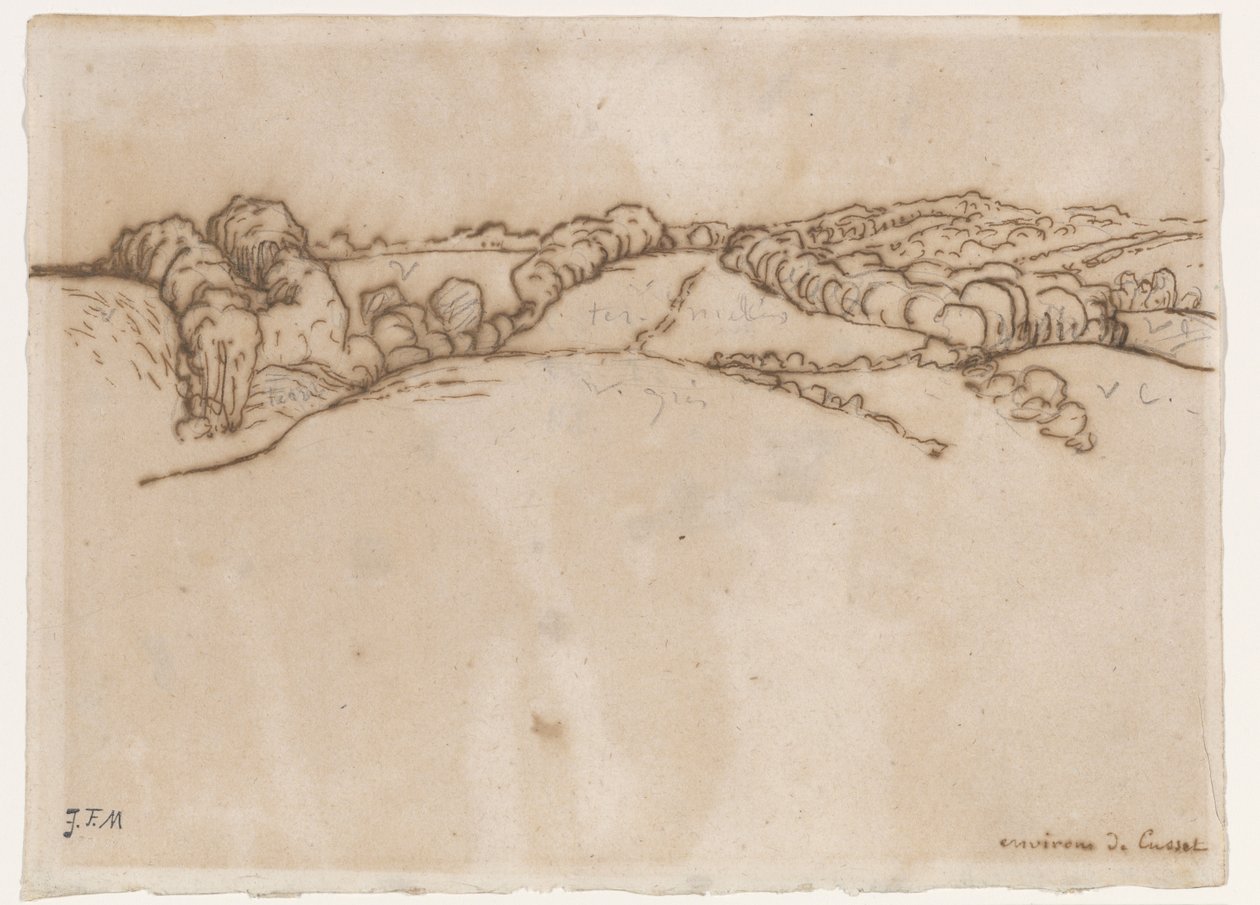 Environs de Cusset, ok. 1866-69 (długopis i brązowy tusz z grafitem na papierze czerpanym) autorstwa Jean Francois Millet