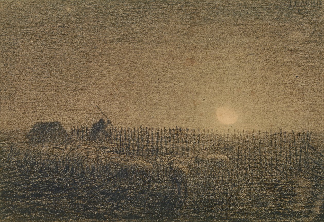 Pasterz przy owczarni w świetle księżyca (węgiel na papierze) autorstwa Jean Francois Millet