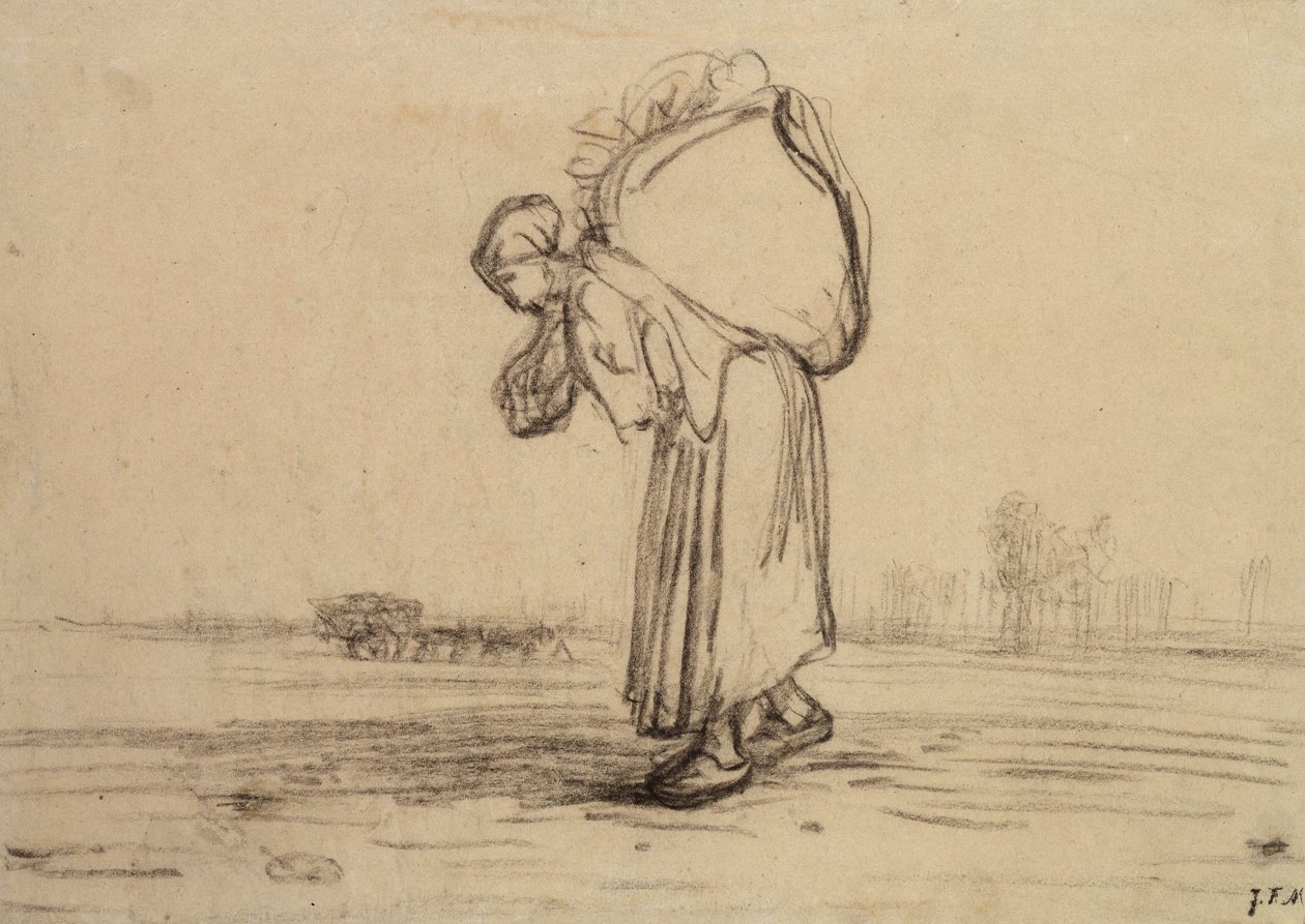 Kobieta niosąca worek na plecach (czarna kredka na papierze) autorstwa Jean Francois Millet