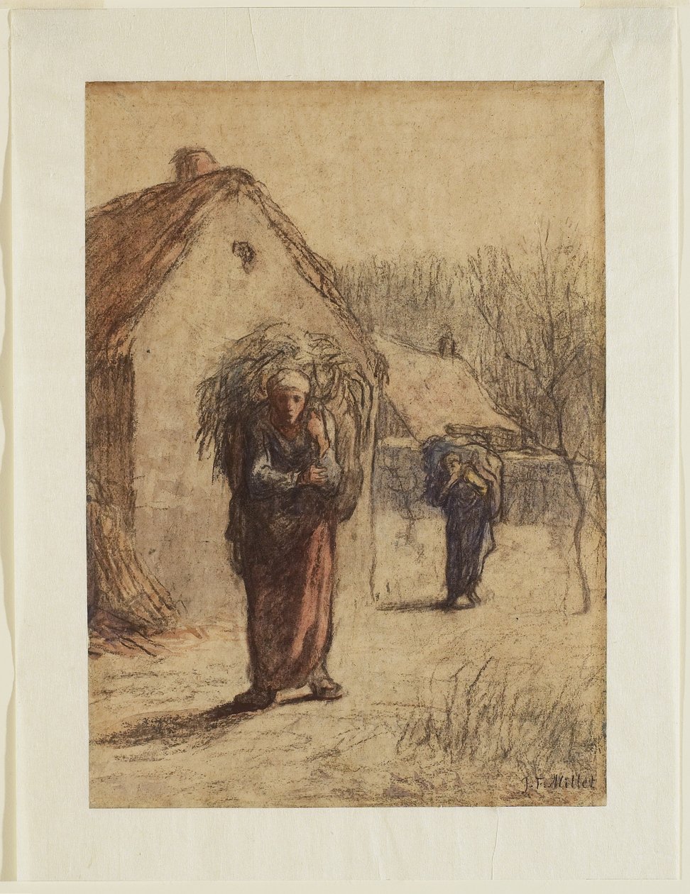 Kobiety niosące ładunek suszonej trawy przy wejściu do wioski, lata 50. XIX wieku (węgiel, kreda i toaleta na papierze wykładanym) autorstwa Jean Francois Millet