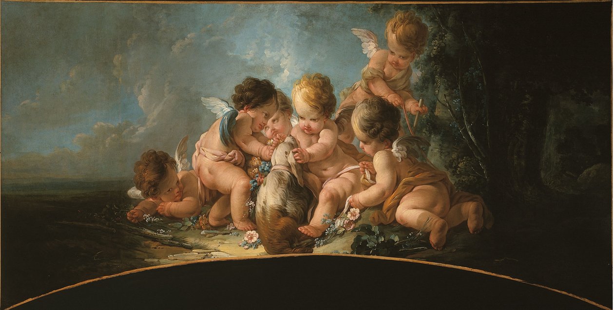 Grupa sześciu kochanków bawiących się z psem, ok. 1761 r. (górna część drzwi) autorstwa Jean Francois Clermont