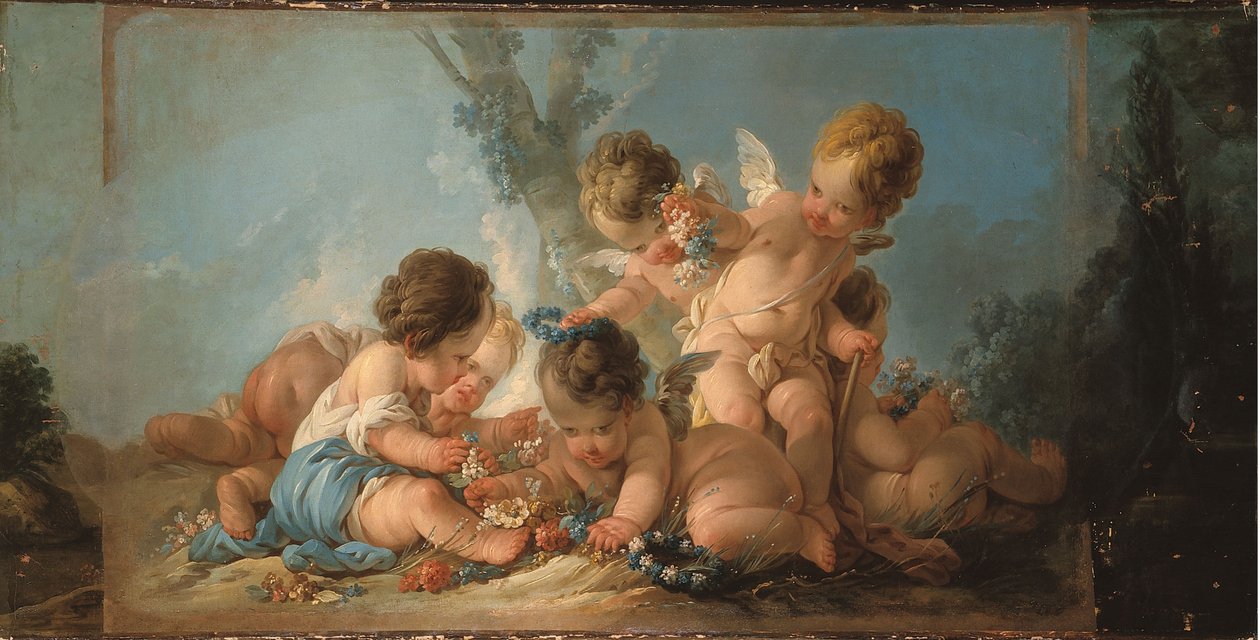 Grupa sześciu kochanków bawiących się kwiatami, ok. 1761 r. (górna część drzwi) autorstwa Jean Francois Clermont