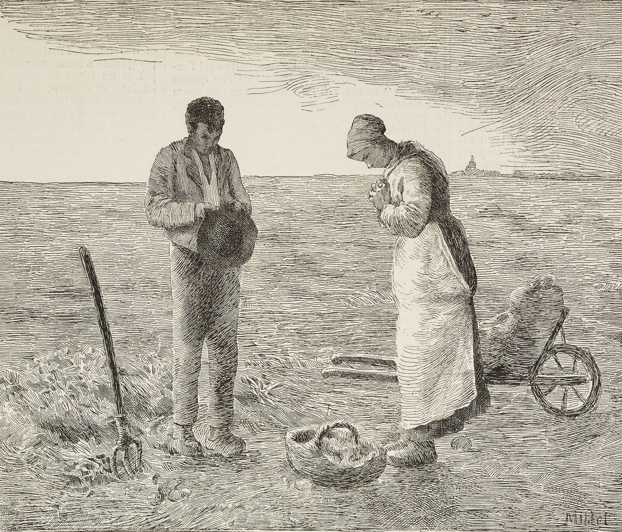 Angelus, para rolników na polach, rycina z obrazu Jean-Francois Milleta (1814-1875), francuskiego malarza, z L