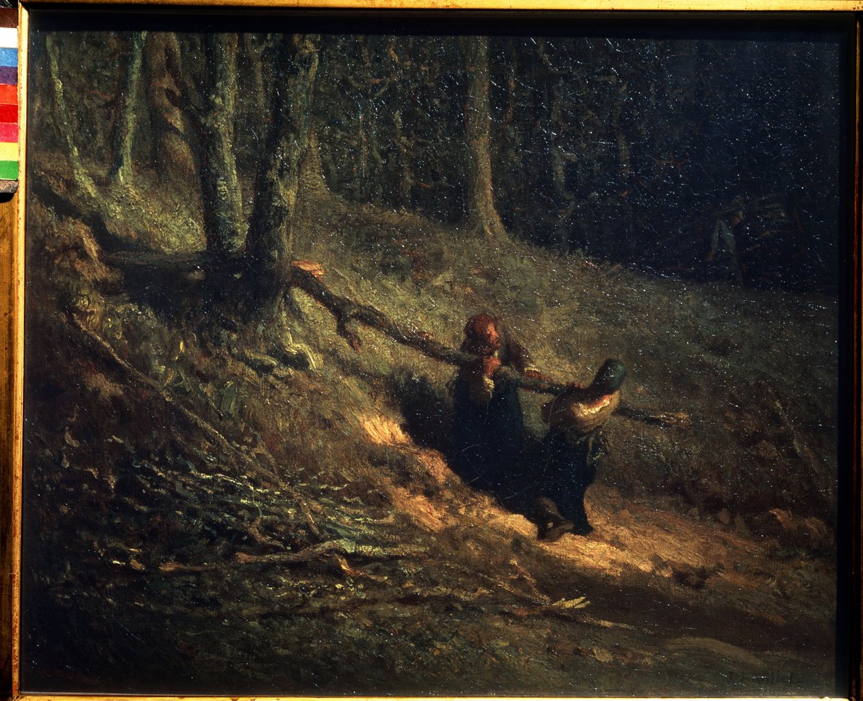 Węgle drzewne. Chłop-Dziewczyny z Chrustem. Obraz Jeana Francois Milleta (Jean-Francois autorstwa Jean Francois Millet