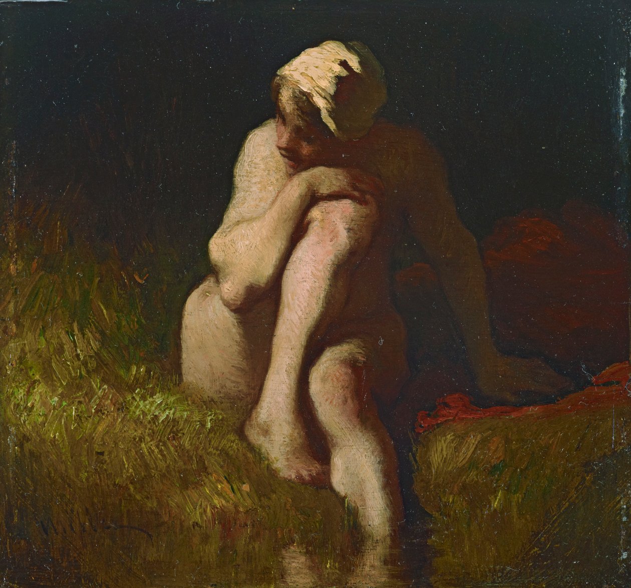 Nacktes Bauernmädchen an der Böschung eines Baches sitzend autorstwa Jean-Francois Millet