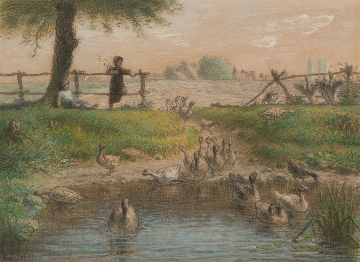 Dzieci chłopskie przy stawie z gęsiami autorstwa Jean-Francois Millet