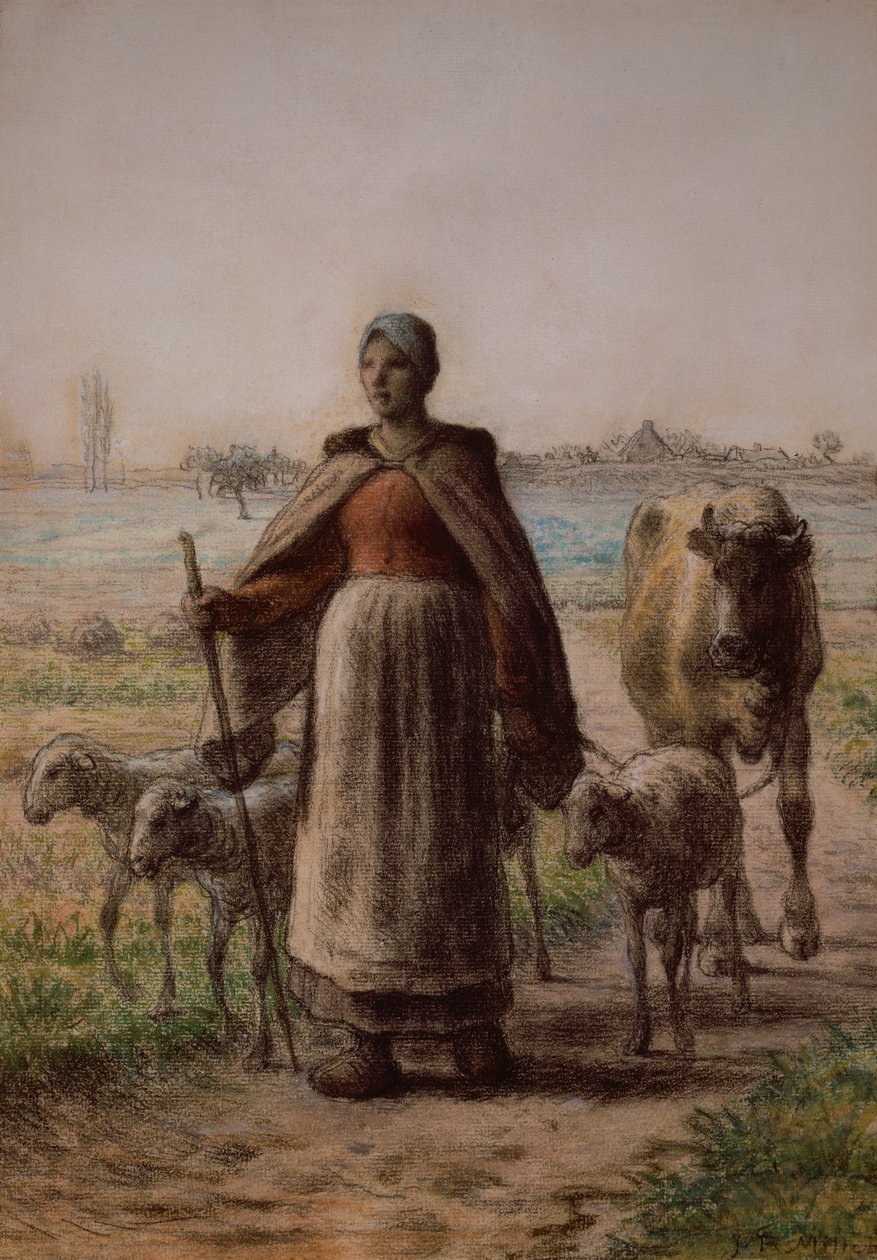 Chłop prowadzący krowę i owce na pola autorstwa Jean Francois Millet