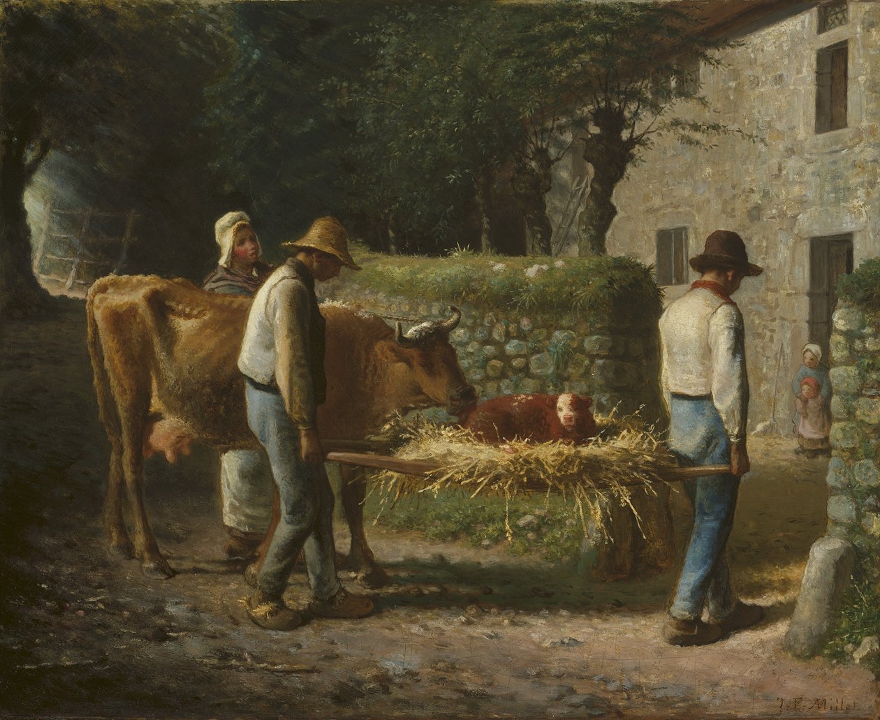Chłopi przynoszący do domu cielę Urodzone na polu, 1864 autorstwa Jean Francois Millet