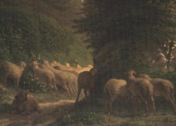 Owce pasące się wzdłuż żywopłotu autorstwa Jean Francois Millet