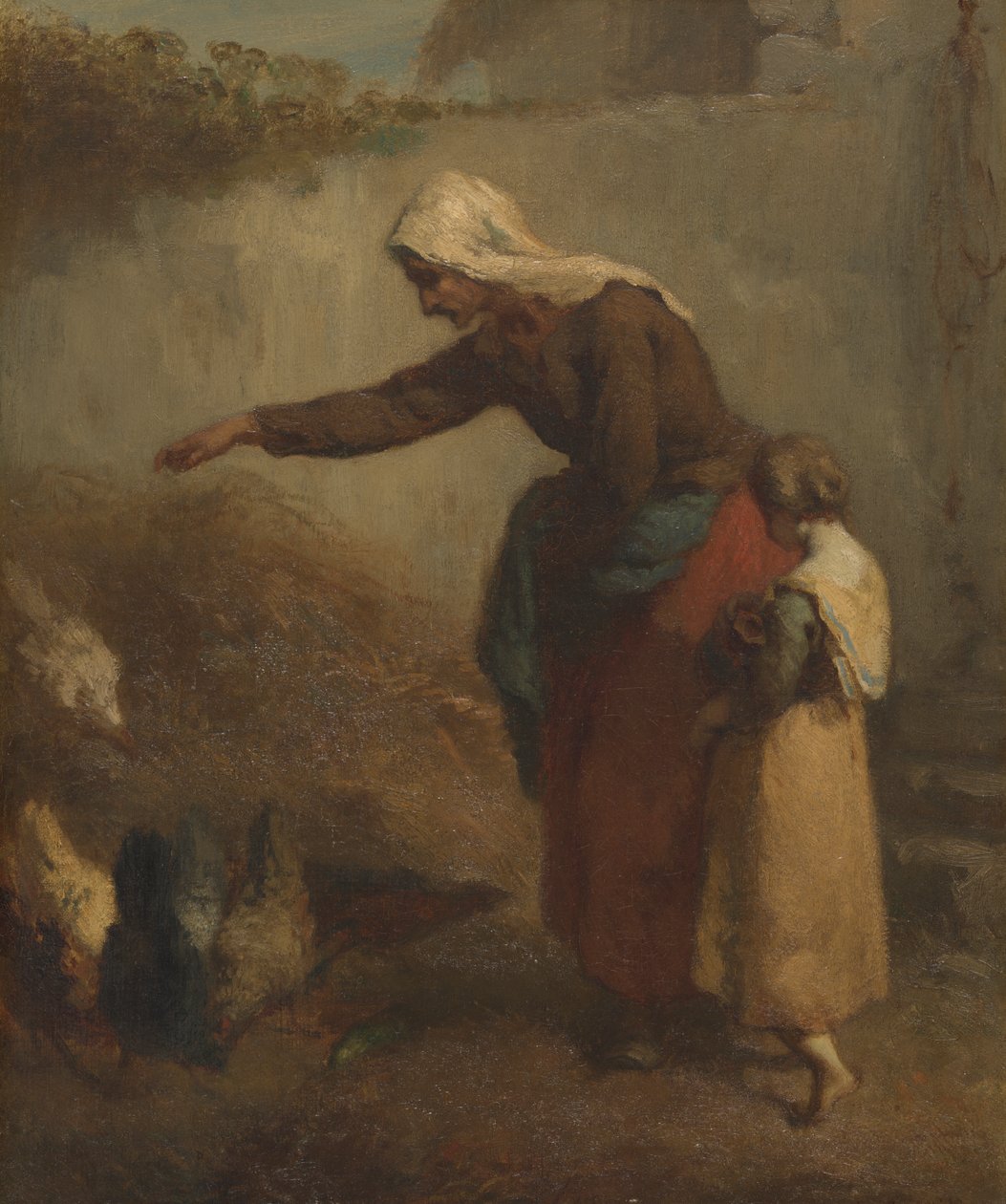 Kobieta karmiąca kurczaki autorstwa Jean-Francois Millet