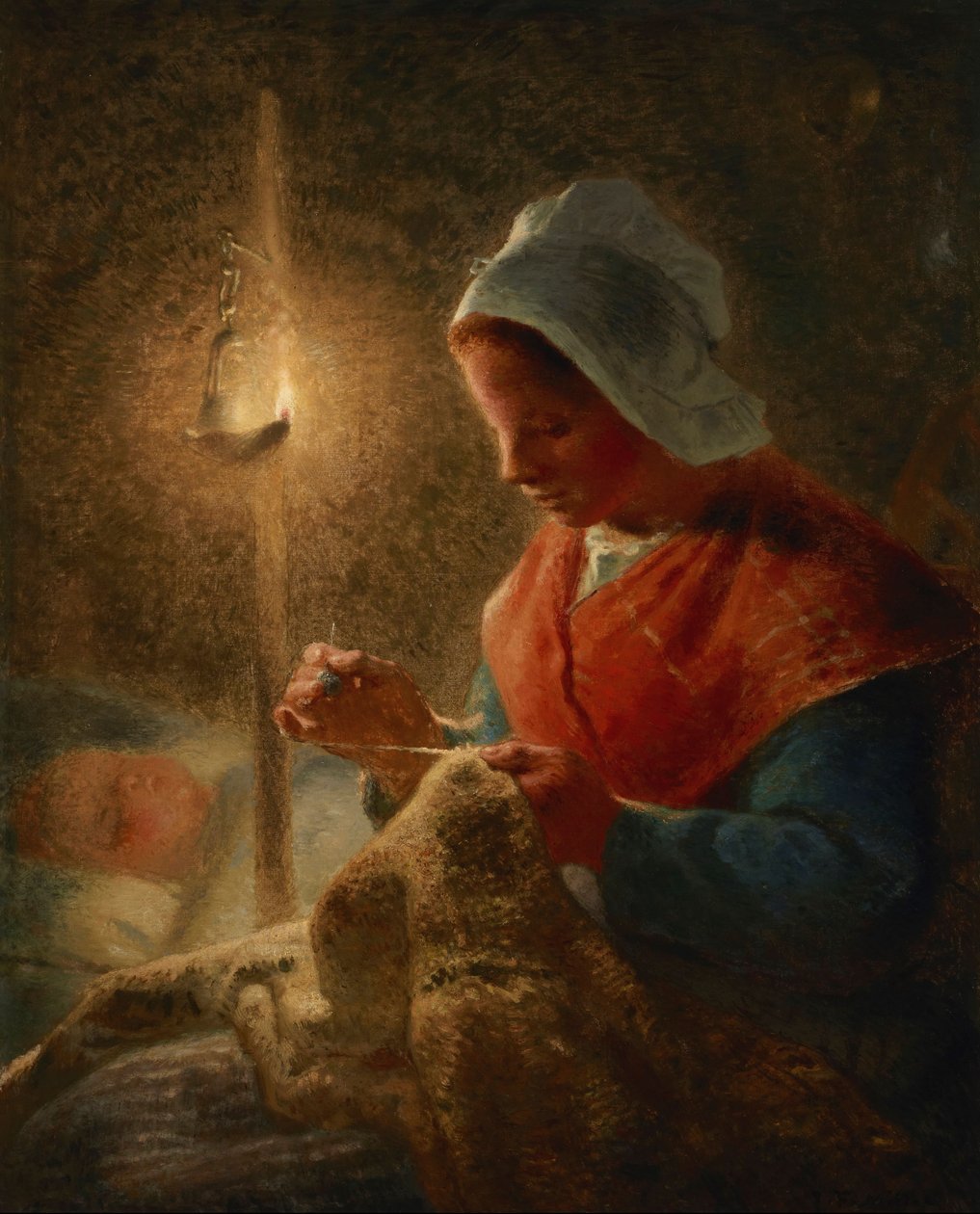 Kobieta szyjąca przy świetle lampy autorstwa Jean-Francois Millet