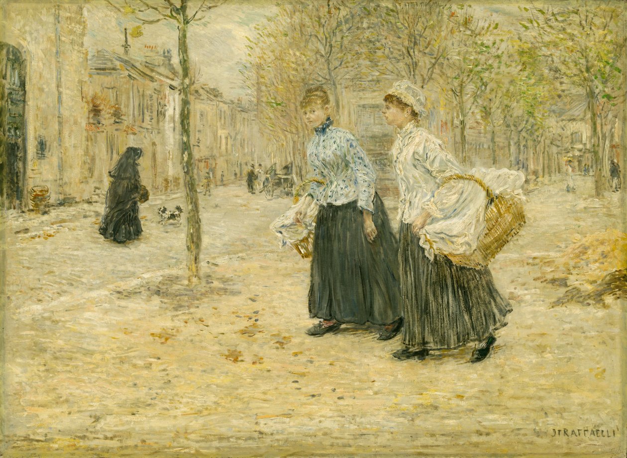 Dwie praczki przechodzące przez mały park w Paryżu, ok. 1890 (olej na płycie) autorstwa Jean Francois Rafaelli