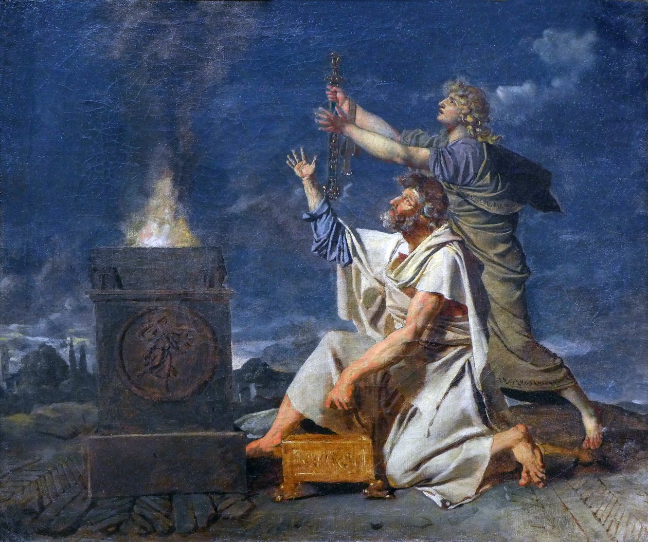 Młody rzymski wojownik w towarzystwie ojca prosi bogów o powodzenie jego broni, ok. 1780 r. (olej na płótnie) autorstwa Jean Germain Drouais