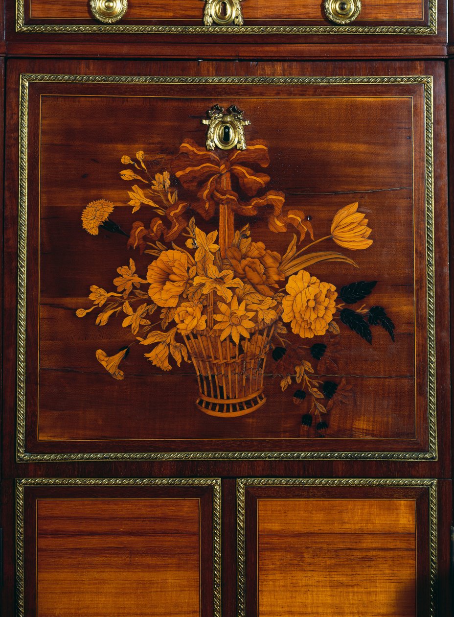 Kosz kwiatów, detal z intarsji na drewnie satynowym w stylu Ludwika XVI i amarantowym biurku, sygn. Jean-Henri Riesener (1734-1806), Francja autorstwa Jean Henri Riesener