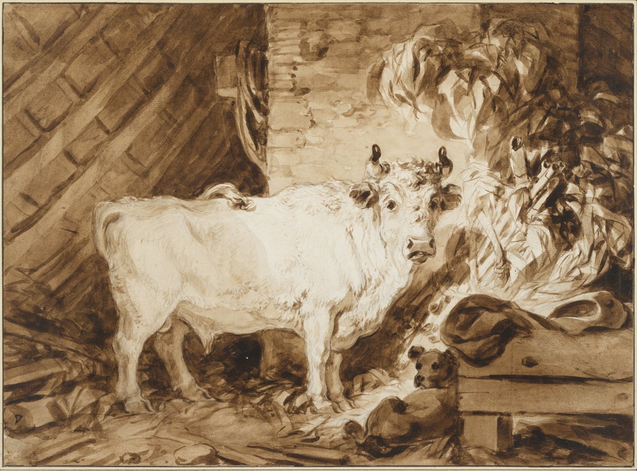 Biały byk i pies w stajni autorstwa Jean Honore Fragonard