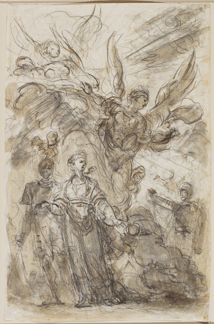 Karol Wielki wyprowadza Angelicę z Rolanda, ok. 1785 (czarna kreda i brązowe plamy ze śladami grafitu na papierze wykładanym) autorstwa Jean Honore Fragonard