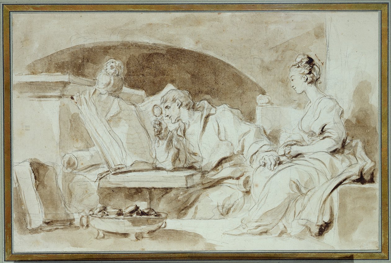 Młoda Kobieta konsultująca się z Nekromantą (pranie w sepii na papierze) autorstwa Jean Honore Fragonard