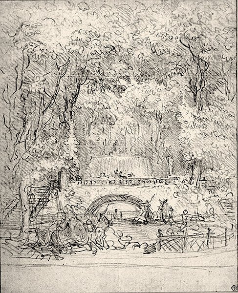 Kaskada w ogrodzie (kreda na papierze) autorstwa Jean-Honore Fragonard