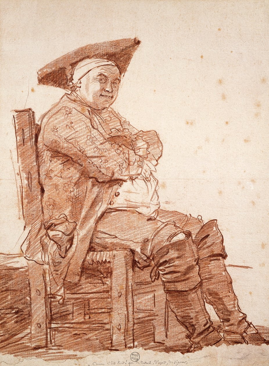 Portret siedzącego mężczyzny, znany jako Postiglione, Jean Honore Fragonard (1732-1806), sangwiniczny rysunek autorstwa Jean Honore Fragonard