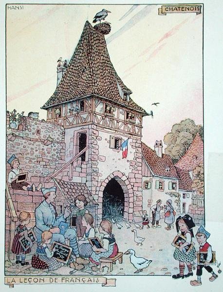 Francuski żołnierz uczący francuskiego alzackie dzieci, które ponownie stały się obywatelami francuskimi, ilustracja z „Histoire de l