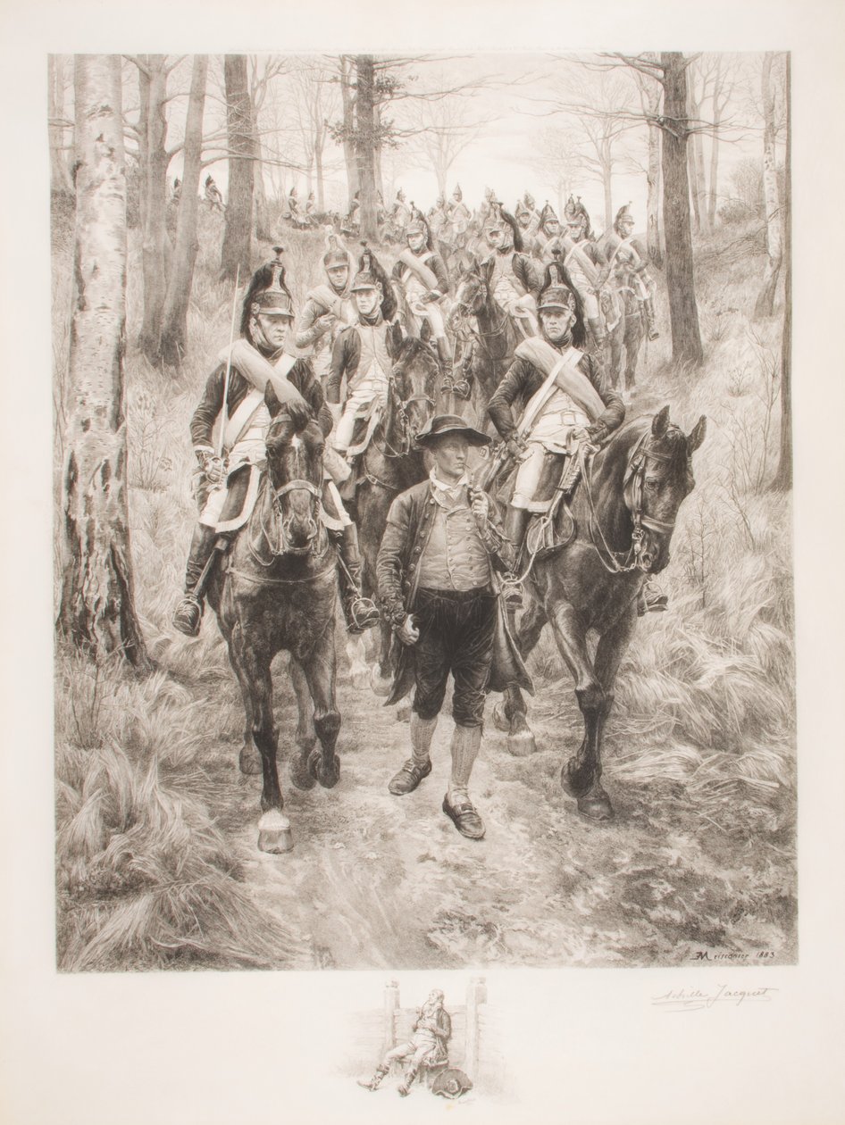Francuska kawaleria jadąca przez las z przewodnikiem, wyryte przez Achillesa Jacqueta (1846-1908) autorstwa Jean Louis Ernest Meissonier