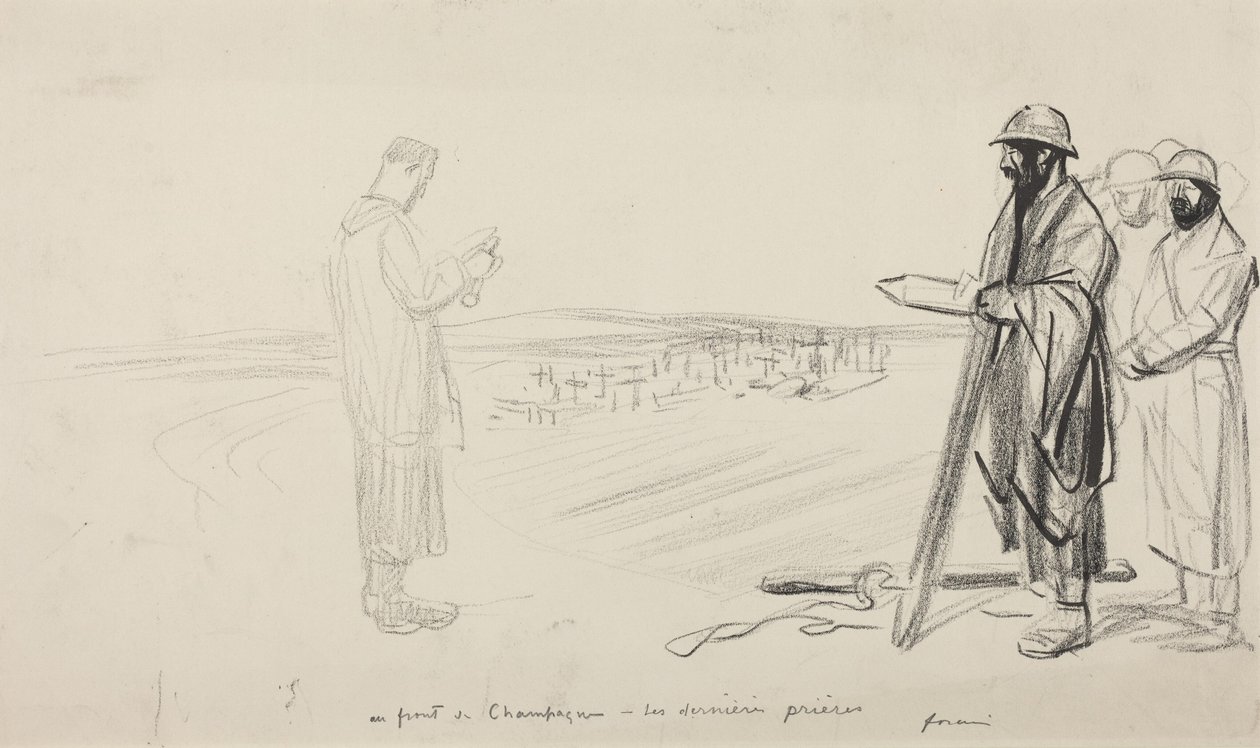 Na froncie w Szampanii - Ostatnie modlitwy, ok. 1914-1919 (czarny tusz na papierze) autorstwa Jean-Louis & Caran D