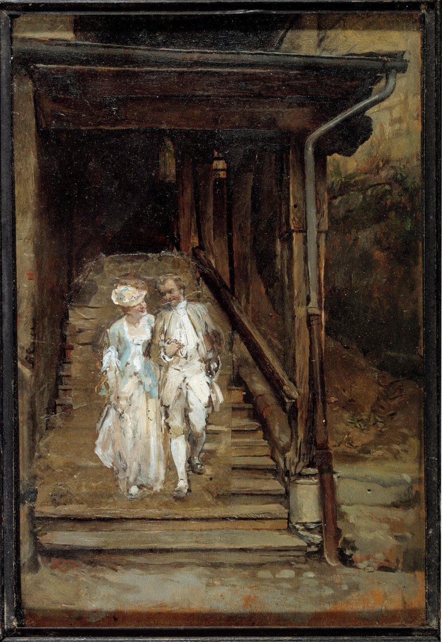 Drewniane schody katedry w Lozannie lub „” Filozof Jean Jacques Rousseau et Madame de Warens ”” Obraz Jean Louis Ernest Meissonier (1815-1891) XIX-wieczne słońce. 0,2x0,14 m autorstwa Jean Louis Ernest Meissonier