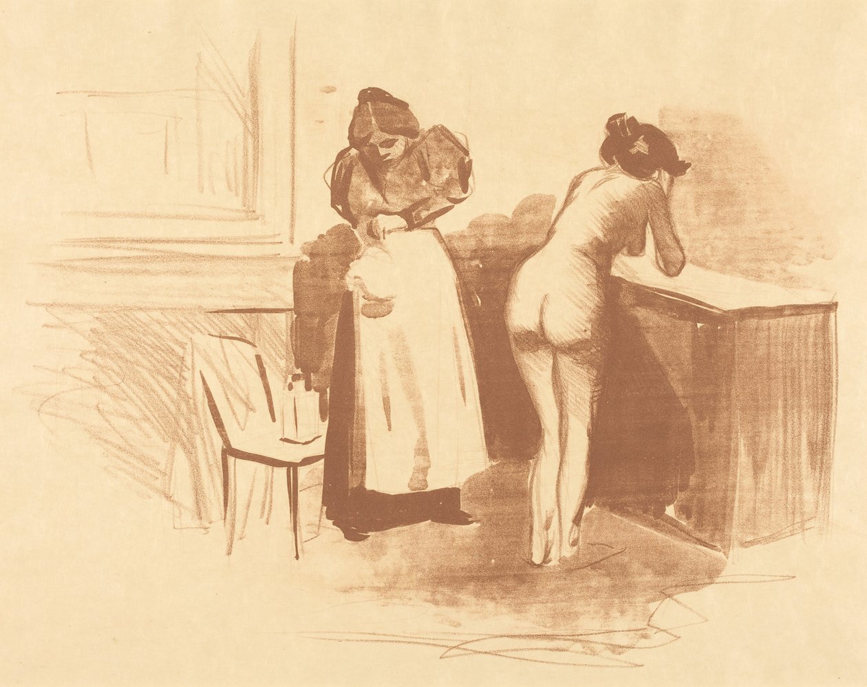 Tarcie rękawicą z włosia końskiego (rysunek wykonany techniką lawowania i konturu) (The Massage with Coarse Hair Glove) (Wash and Line plate) autorstwa Jean-Louis Forain