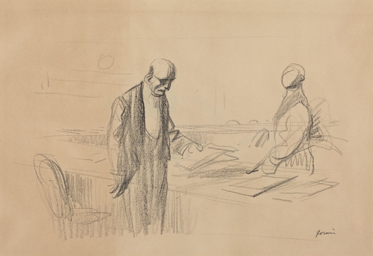 a) Na konferencji (strona przednia); b) Postać w pozycji leżącej (strona tylna) autorstwa Jean-Louis Forain