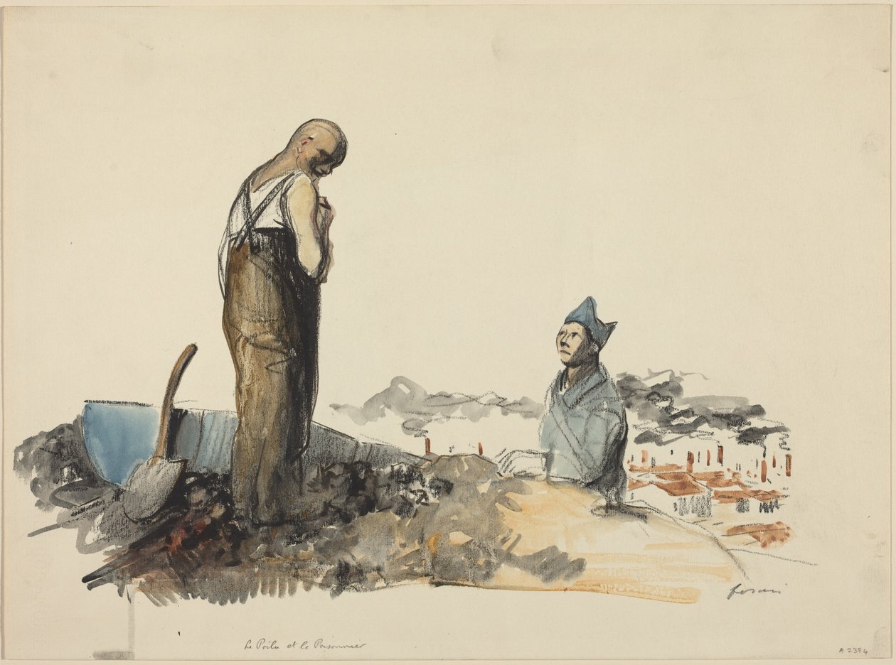 a) „Le Poilu et Prisonnier” („Poilu i więzień”) (strona przednia); b) „Studium więźnia” (strona tylna) autorstwa Jean-Louis Forain