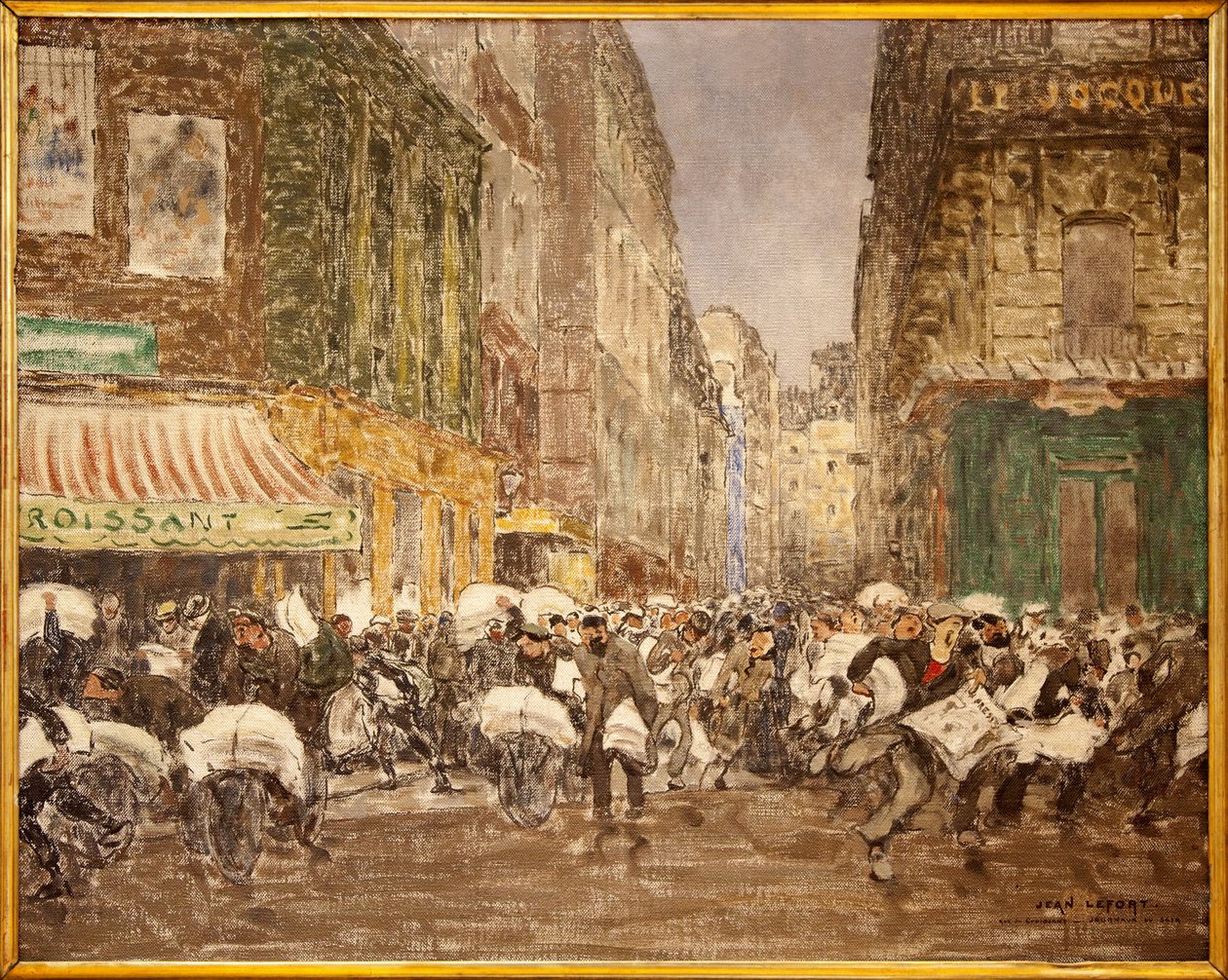Wydawanie wieczornych gazet, rue du Croissant w 1914 r., Obraz Jeana Louisa (Jean-Louis) Leforta (1875-1954), przedstawiający działalność prasy tradycyjnie istniejącej w dużej części 2. dzielnicy Paryża, W kawiarni du Cr autorstwa Jean Louis Lefort