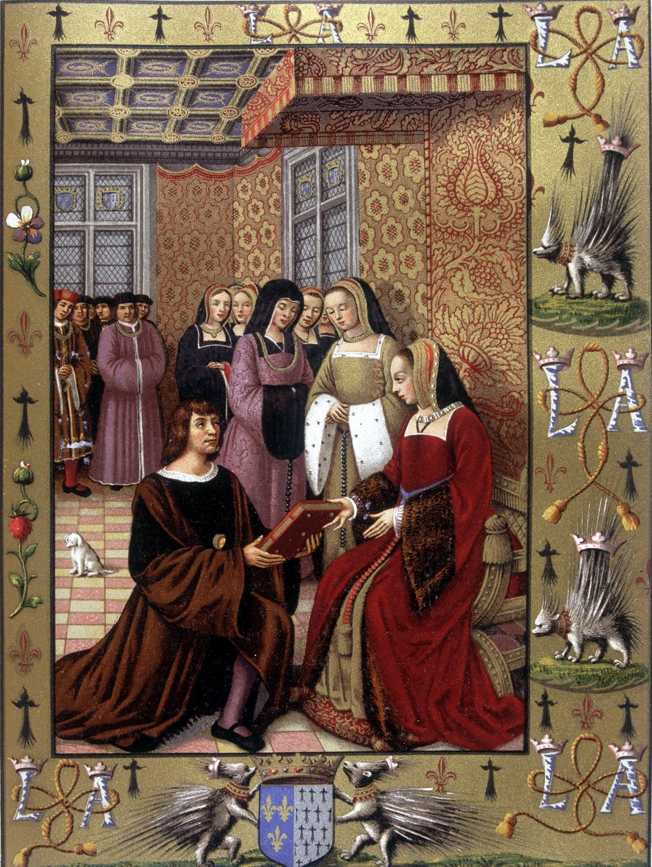 Jean Marot ofiarowuje swoją książkę Le Voyage de Genes królowej Annie Bretanii Po iluminacji Jeana Bourdichon, około 1508 autorstwa Jean (after) Bourdichon