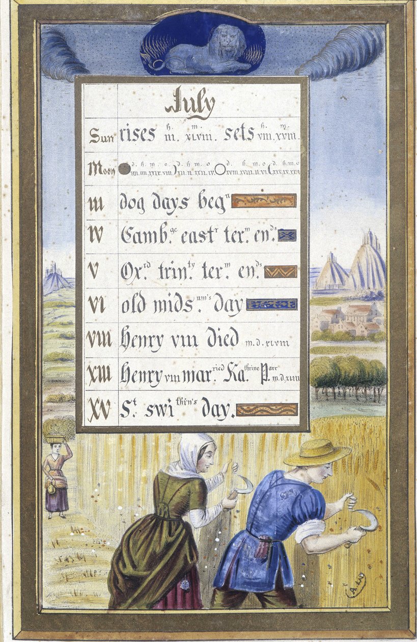 Lipiec: żniwa (Lew) - faksymile Godzin Anny Bretanii, Jean Bourdichon autorstwa Jean (after) Bourdichon
