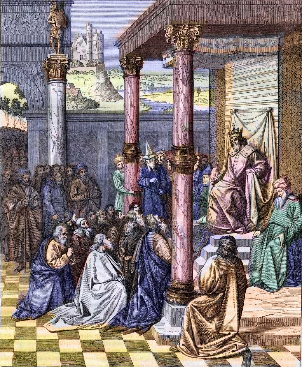 Cyrus II Wielki (580 pne - 530 pne), król Persji, uwolnił Judejczyków wygnanych do Babilonu w 539 pne. Rycina wg miniatury Jeana (Jehana) Fouqueta (ok. 1420-1477/1481). Grawerowanie Chevignarda autorstwa Jean (after) Fouquet