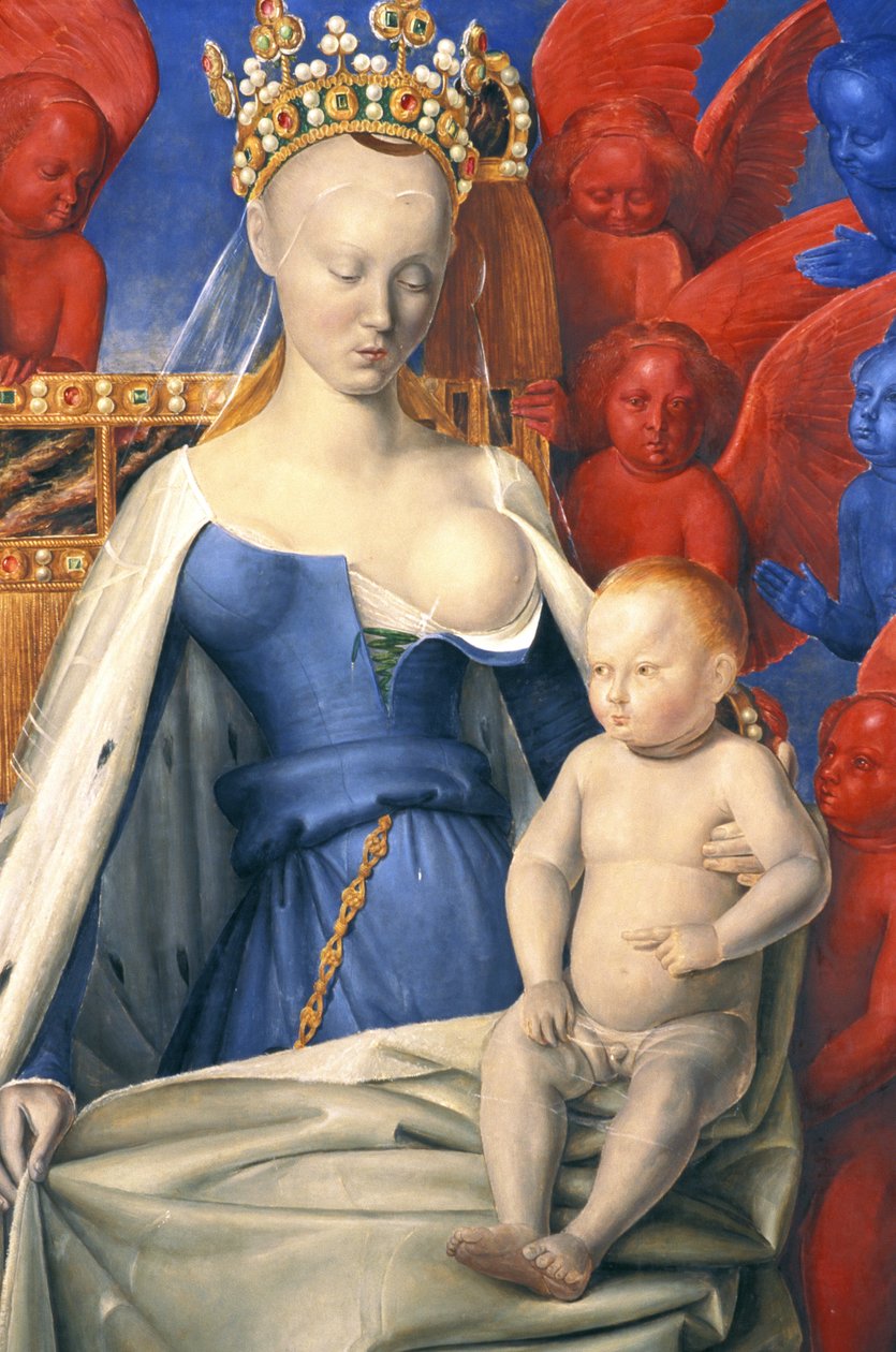Karmiąca Dziewica w gronostajowym płaszczu przedstawiona jako Agnes Sorel - detal - (po Dziewicy z Antwerpii, Jean Fouquet, ok. 1452-1455) autorstwa Jean (after) Fouquet