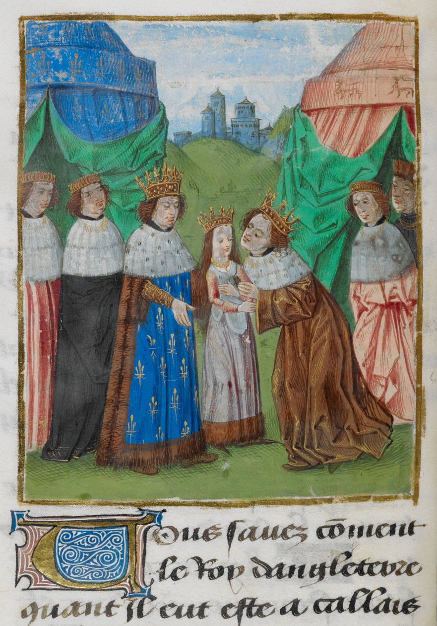 Król Anglii Ryszard II odbierający swoją narzeczoną, Izabelę, od swojego ojca, króla Francji Karola VI, ilustrację z „Chroniques de France et d