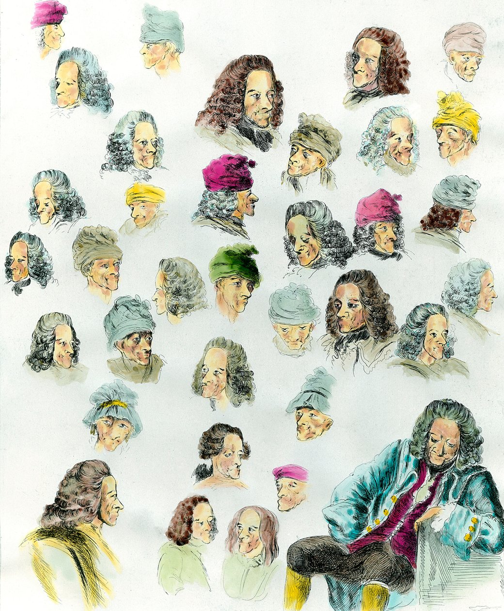 Różne wyrażenia i fryzury pisarza Francois Marie Arouet de Voltaire (1694-1778) wykonane po obrazach Jeana Hubera (1721-1786) XVIII wiek autorstwa Jean (after) Huber