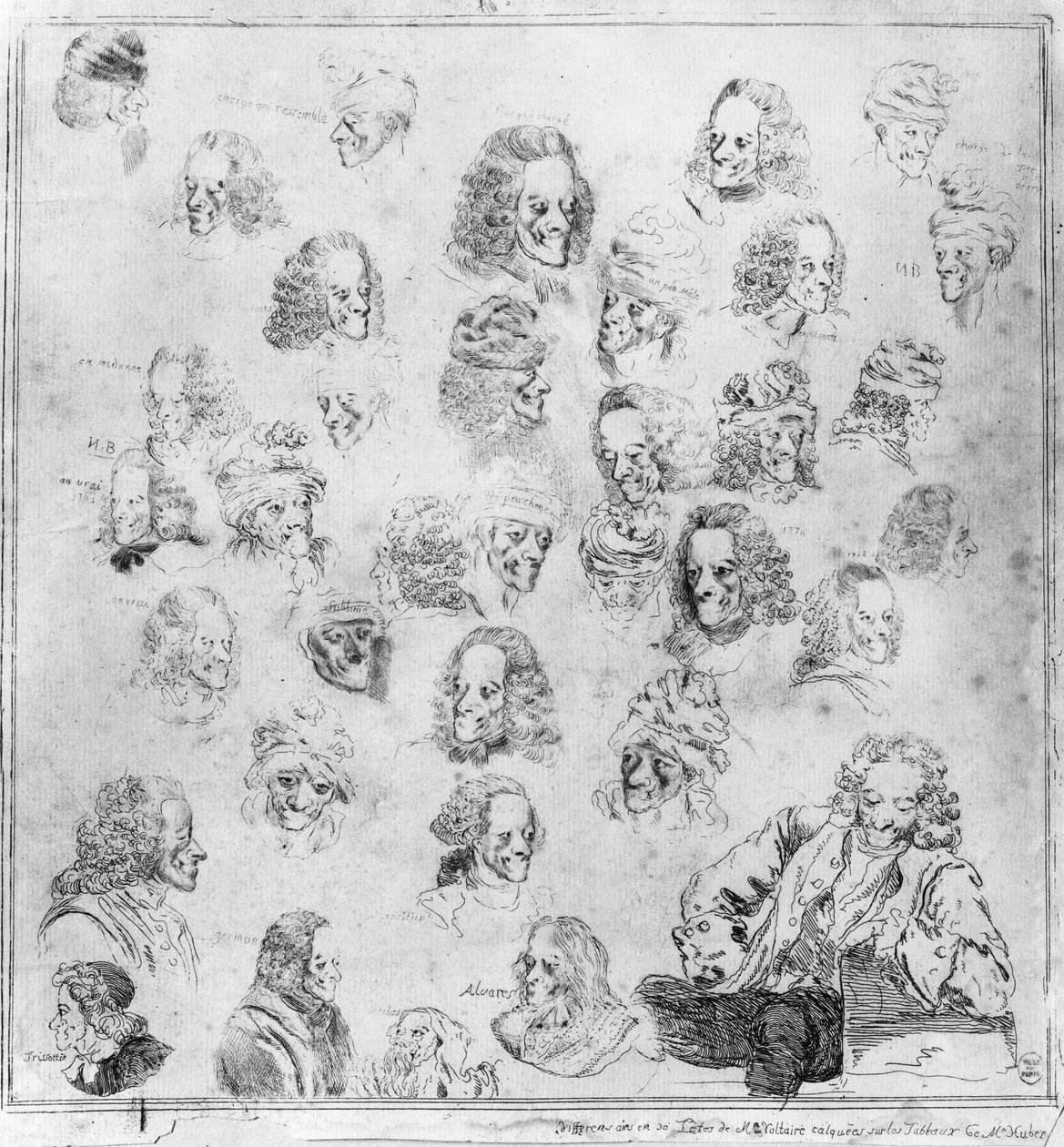 Różne melodie w 30 głowicach Voltaire. Portrety Francois Marie Arouet, dit Voltaire (1694-1778) „”różne fizjonomie Voltaire”””. Mocna woda przypisywana Dominique Vivant-Denon (Vivant Denon) (1747-1825) po Jean Huber (1721-1786). Muzeum C autorstwa Jean (after) Huber